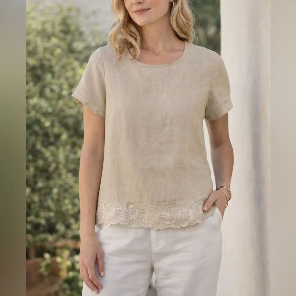 Lina Tomei 100% Linen Top Beige Embroidered Hem Italy Size M